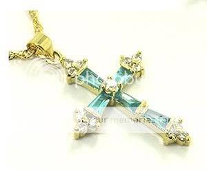 Brand new stock! 18k gp Cross Pendant with sim Aquamarine and CZ