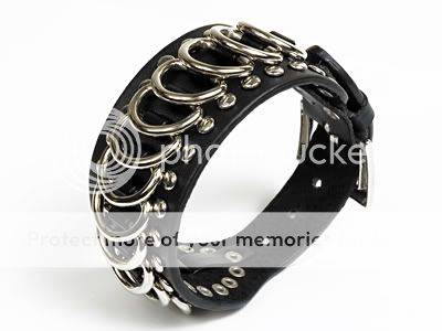 OB035 New Black Leather Genuine Round Buckle Wristband Cuff Bracelet Adjustable