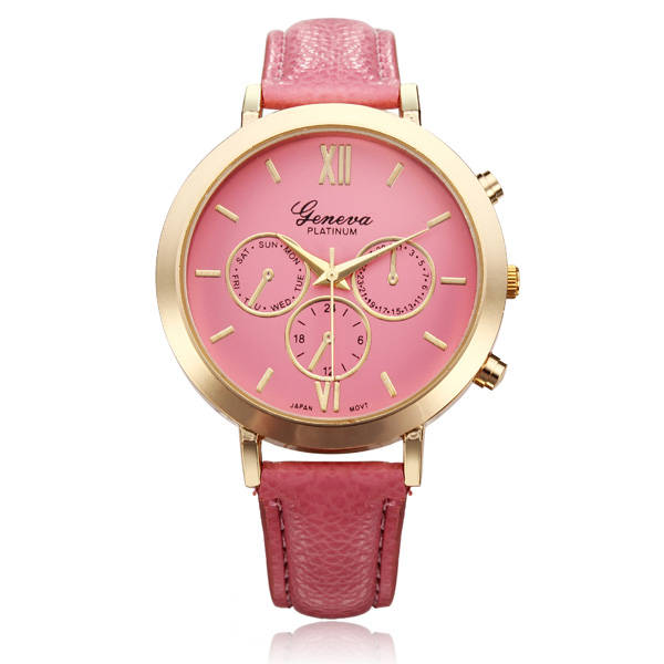 PU Leather Big Dial Roman Number Round Women Quartz Wrist Watch