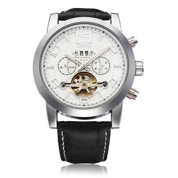 Jaragar Black Leather 3 Dial Flywheel Men Mechanical Wrist Watch