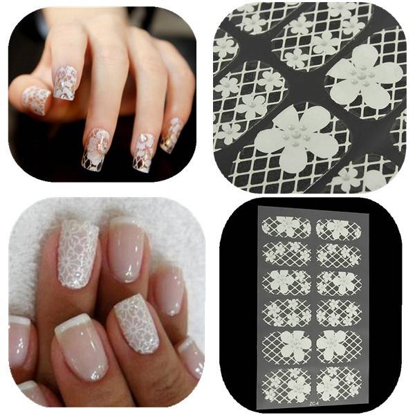 White Lace Flower Nail Art Decal 3D Stickers Transparent