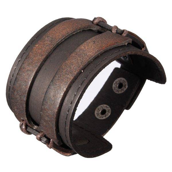 Men Punk Double Wide Leather Metal Buckle Cuff Wristband Bracelet