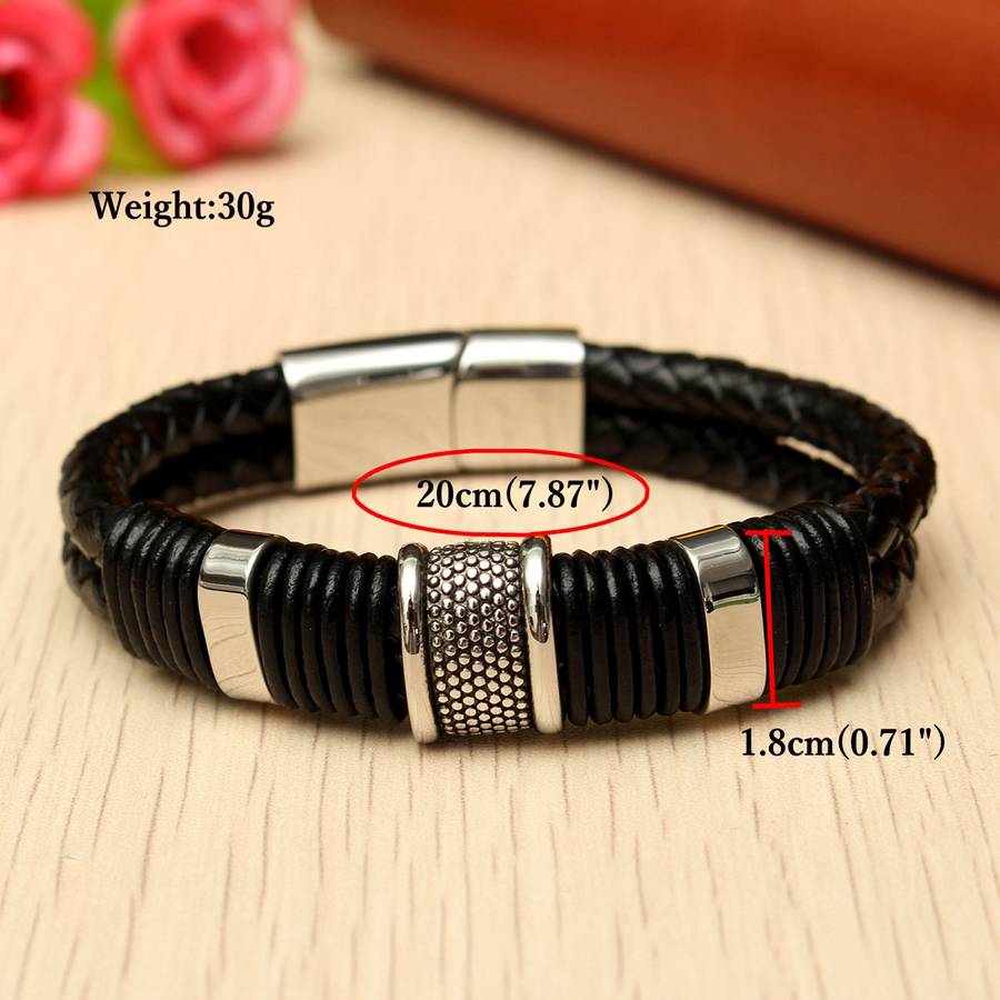 Black Leather Magnet Buckle Bracelet Jewelry Clothing Accessories For Men
