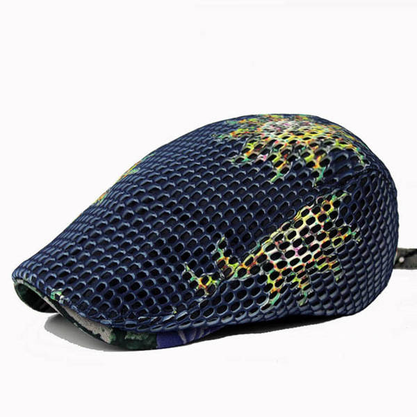 Unisex Women Men Cotton Mesh Hole Flower Printed Newsboy Beret Cap Flat Buckle Cowboy Cabbie Hat