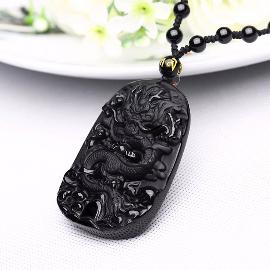 Obsidian Dragon Necklace Beads Blessing Pendant Charm Chain