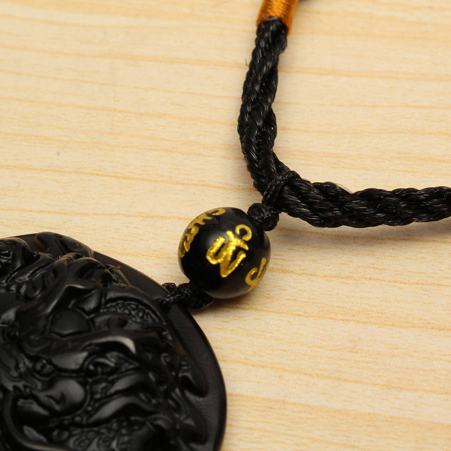 Obsidian Dragon Necklace Beads Blessing Pendant Charm Chain