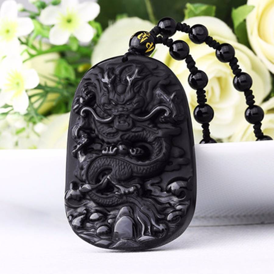 Obsidian Dragon Necklace Beads Blessing Pendant Charm Chain