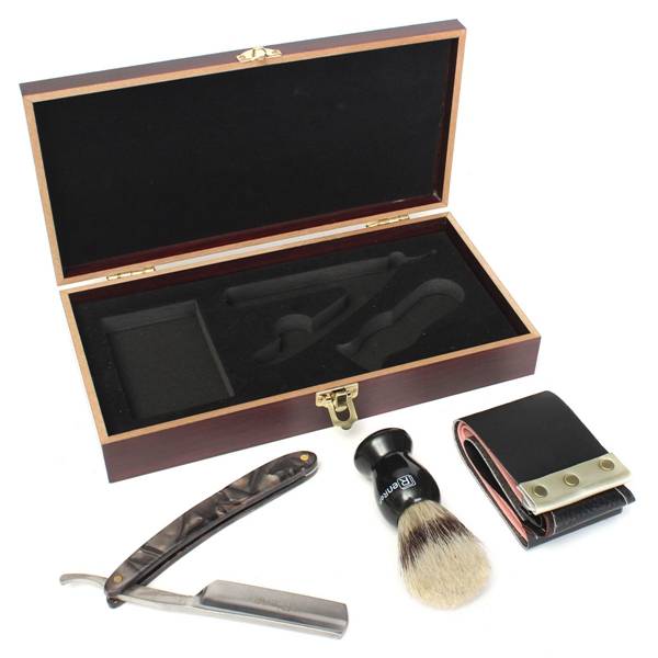 Metal Manual Straight Razor Shaver Shaving Knife Leather Strop Brush Wooden Box Kit