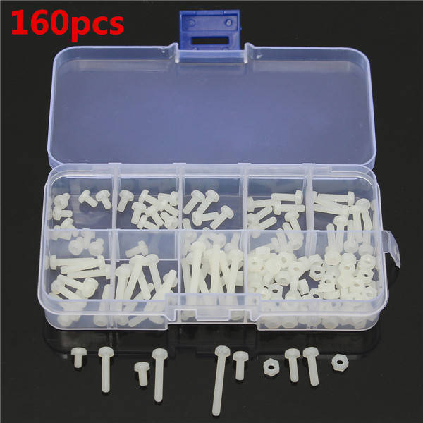 160pcs M3 White Nylon Screws 8 Sizes Assortment Stand-off Bolt & Nuts Kit