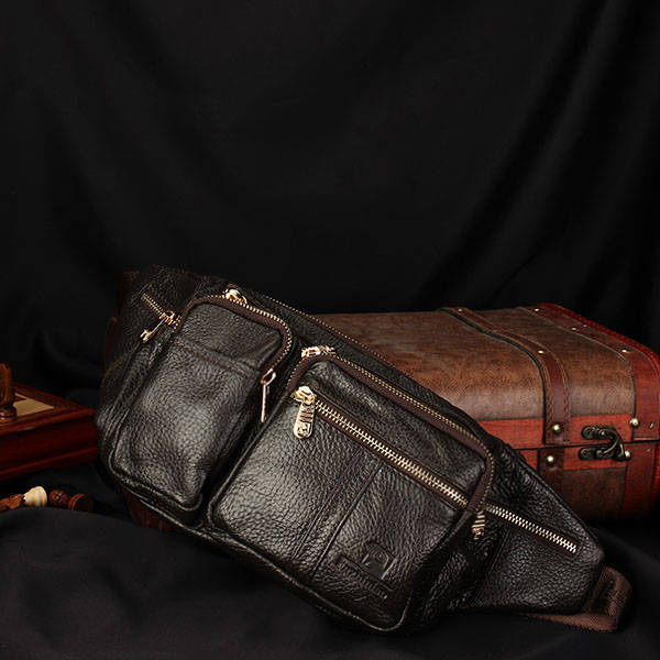 Retro 8 Pockets Men Women Genuine Leather Waist Bag Capacity Messenger Fanny Pack Bum Bag