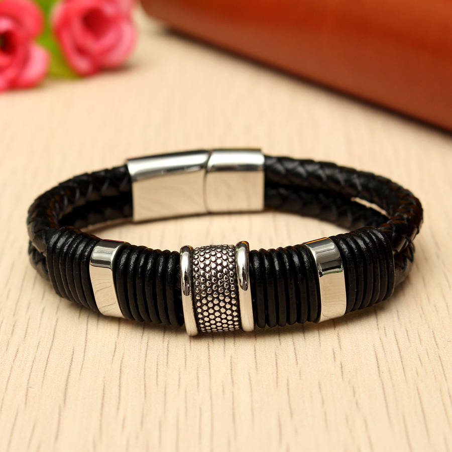Black Leather Magnet Buckle Bracelet Jewelry Clothing Accessories For Men