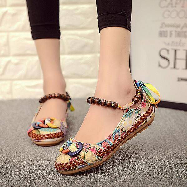 SOCOFY Women Casual Flats Lace Up Beading Round Toe Colorful Comfortable Flats Loafers Shoes