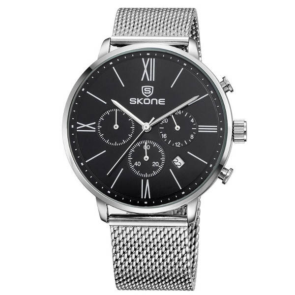 SKONE 7391EG Stainless Steel Mesh Band 24 Hours Chronograph Analog Quartz Watch