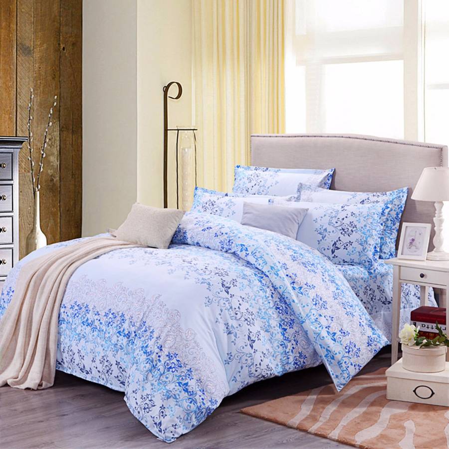 3 or 4pcs Suit Blue Flowers Reactive Dyeing Polyester Fiber Bedding Sets Twin full Queen Size