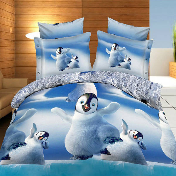 4pcs 3D Cute Penguins Reactive Dyeing Thicken Bedding Sets Polyester Fiber Queen King Size Duvet Cov