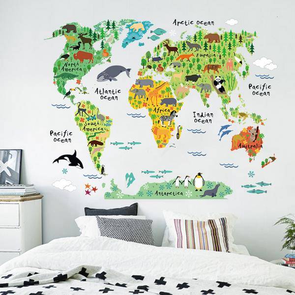 Cartoon Animal World Map Wall Sticker Living Room Home Decoration Creative Decal DIY Mural Wall Art