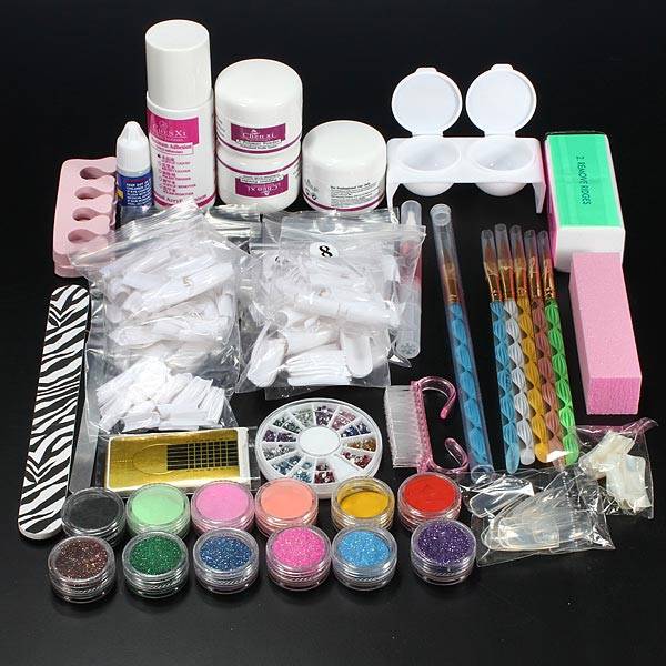 Pro Glitter Acrylic Powder Brush Tweezer Primer Nail Art Tips Kit Set
