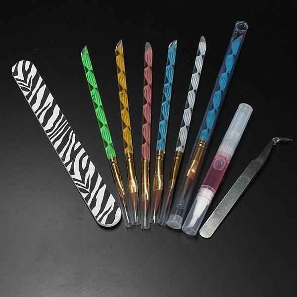 Pro Glitter Acrylic Powder Brush Tweezer Primer Nail Art Tips Kit Set