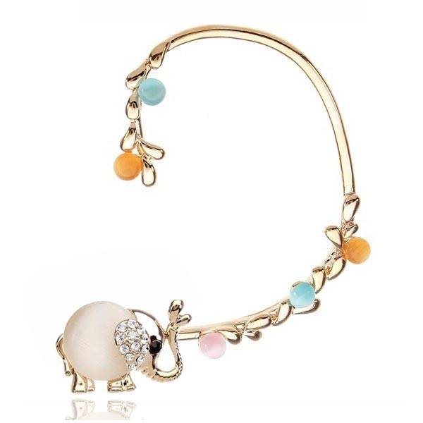 18K Gold Opal Rhinestone Elephant Ear Clip Earrings Jewelry