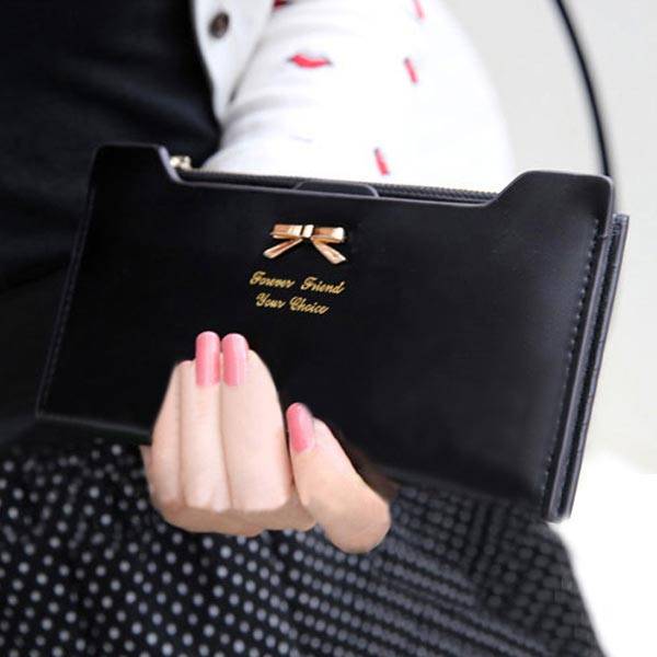 Korean Style Cute Women Wallet Bowknot Purse Long Pattern Wallet Black