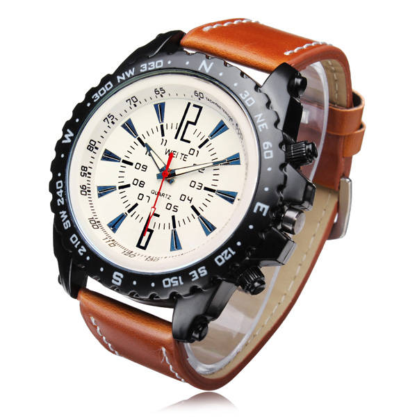 WEITE Military Army Style Coffee Leather Band Quartz Analog Watch