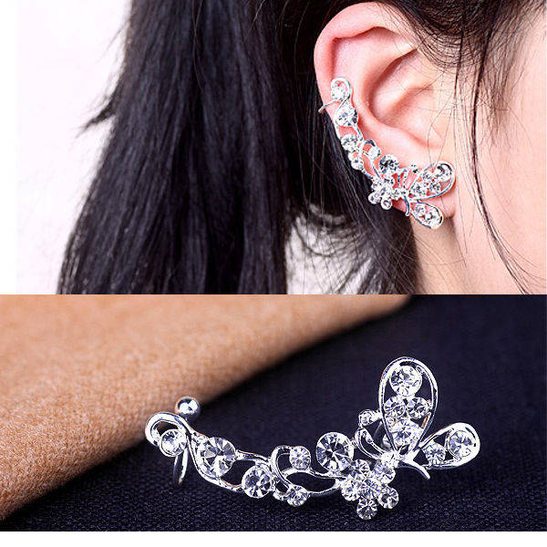 Rhinestone Butterfly Earring Clip Ear Cuff Silver Gold Plated