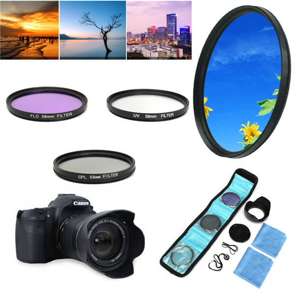 58mm UV FLD CPL Circular Polarizing Filter Kit Set With Lens Hood For Canon Camera