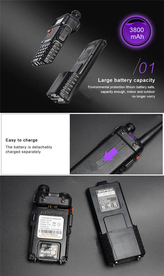 Upgrade BaoFeng UV-5R Walkie Talkie VH/UHF Dual Band Two Way Radio Transceiver 3800mah Battery -