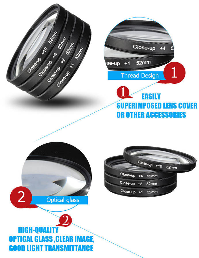 52mm Macro Close Up Filter Lens Kit +1 +2 +4 +10 for Canon Nikon DSLR SLR Camera - 0.14kg
