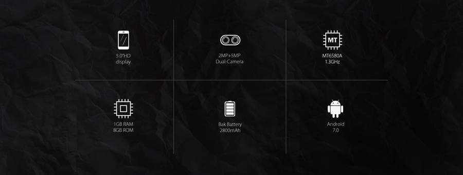 Blackview A7 5.0-Inch Android 7.0 1GB RAM 8GB ROM MT6580A Quad-Core 1.3GHz 3G Smartphone