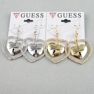 "GUESS" - Earrings *STUNNING* Large Heart hanging "GUESS" Logo in SILVER/GOLD