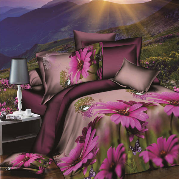 4pcs Suit Polyester Fiber 3D Purple Chrysanthemum Flower Reactive Dyeing Bedding Sets Queen King Siz