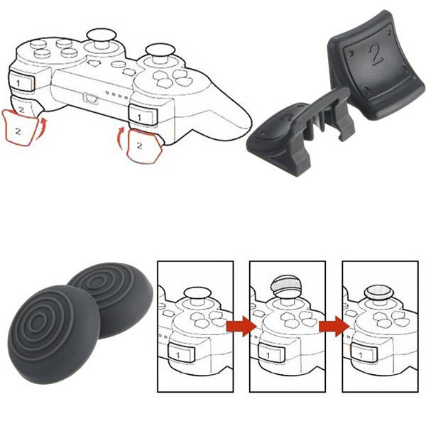 Dual Triggers + Silicone Thumb Grip Cap Cover 4in1 Set For PS3 Controller