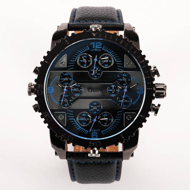 Oulm HP3233 Men Military Watch Multiple Time Display Big Dial Leather Strap Quartz Watches