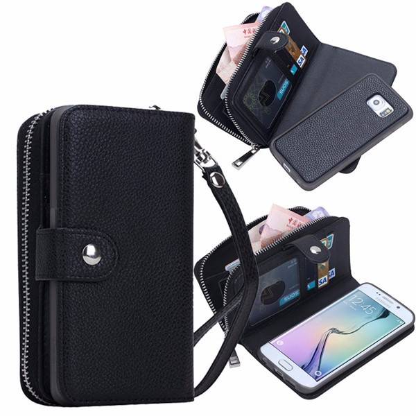 Litchi Grain Leather Wallet Case Removable Zipper Card-slot Case for Samsung Galaxy S6 Edge Plus