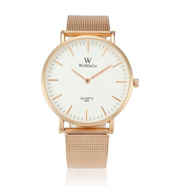 WOMAGE 699 Fashion Couple Quartz Watch Casual Rose gold Mesh Steel Band Wrist Watch
