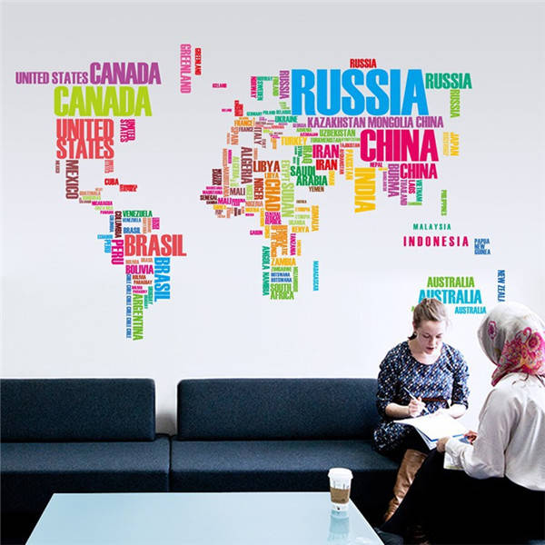 Colorful World Map Wall Stickers Large English Alphabet Removable Decal