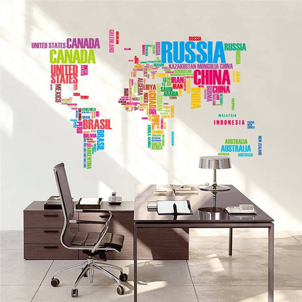 Colorful World Map Wall Stickers Large English Alphabet Removable Decal