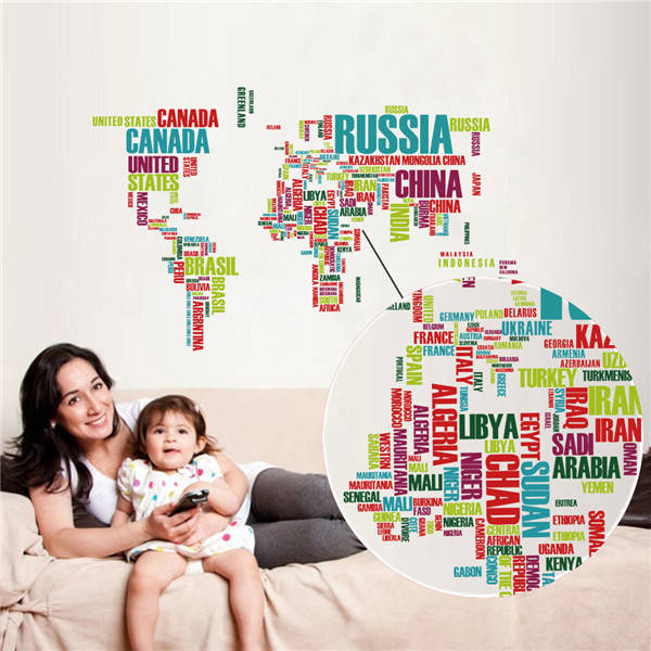 Colorful World Map Wall Stickers Large English Alphabet Removable Decal