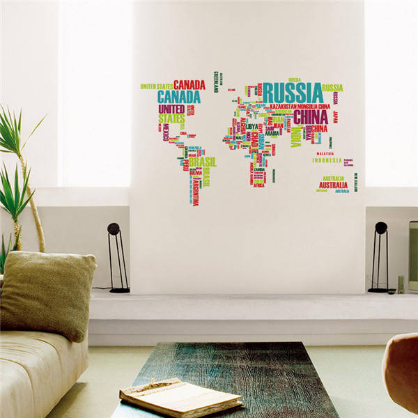 Colorful World Map Wall Stickers Large English Alphabet Removable Decal