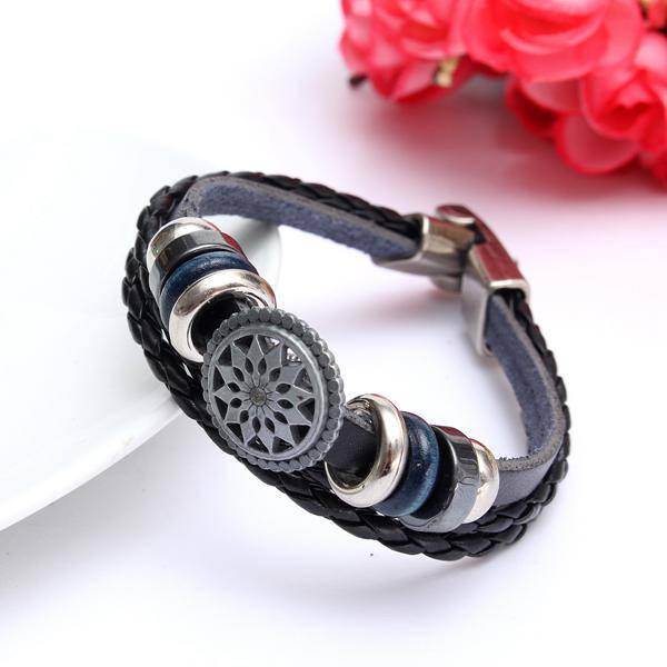 Engraved Braided Charm Leather Bracelet