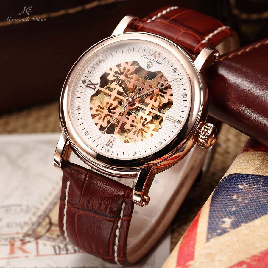 *1 DAY ONLY* KRONEN & SOHNE **ROSE GOLD** Brown Leather Automatic Mechanical Leather Watch