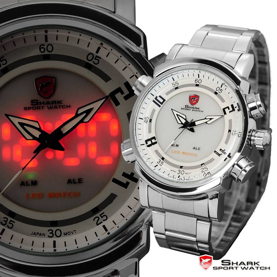 end's saturday!! SHARK DUAL LED ARROW 45MM 3 HAND STEEL WATCH W/ BOX, PAPERS, LOADED!!