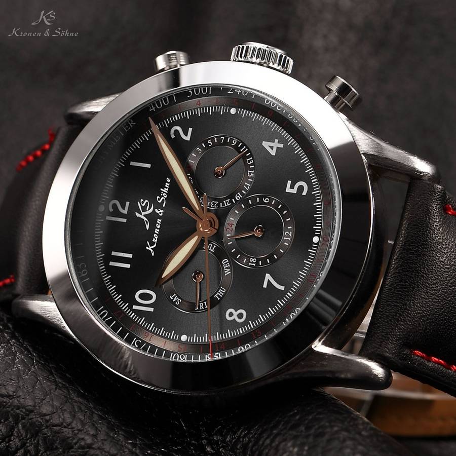 KRONEN & SOHNE Leather AUTOMATICO Chronograph Watch w/ BOX, PAPERS, WARRANTY