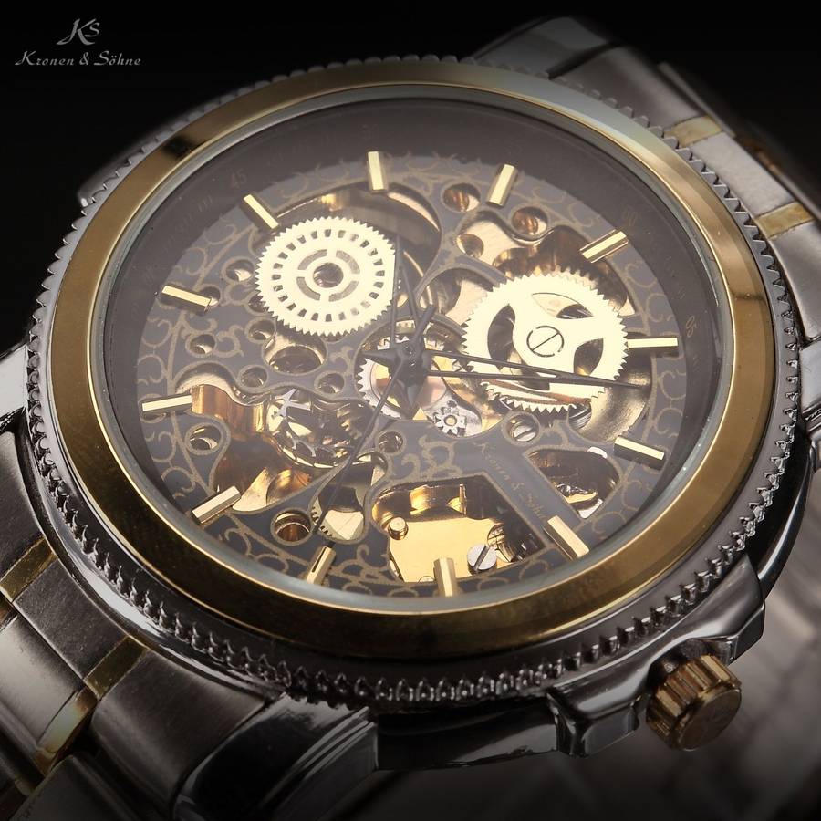 KRONEN & SOHNE Steam Engine BLACK Skeletor AUTOMATIC Mechanical Watch w/ box, papers