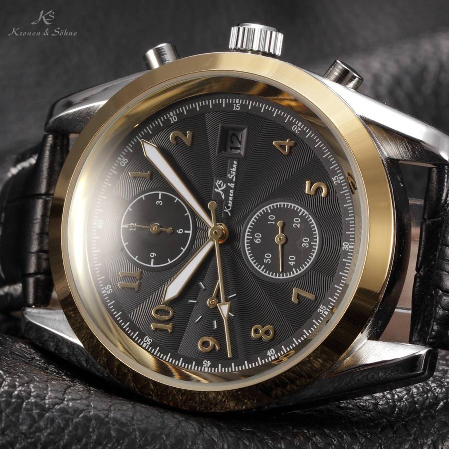 KRONEN & SOHNE Commander Black Leather Automatic Chronograph Watch w/ BOX, PAPERS
