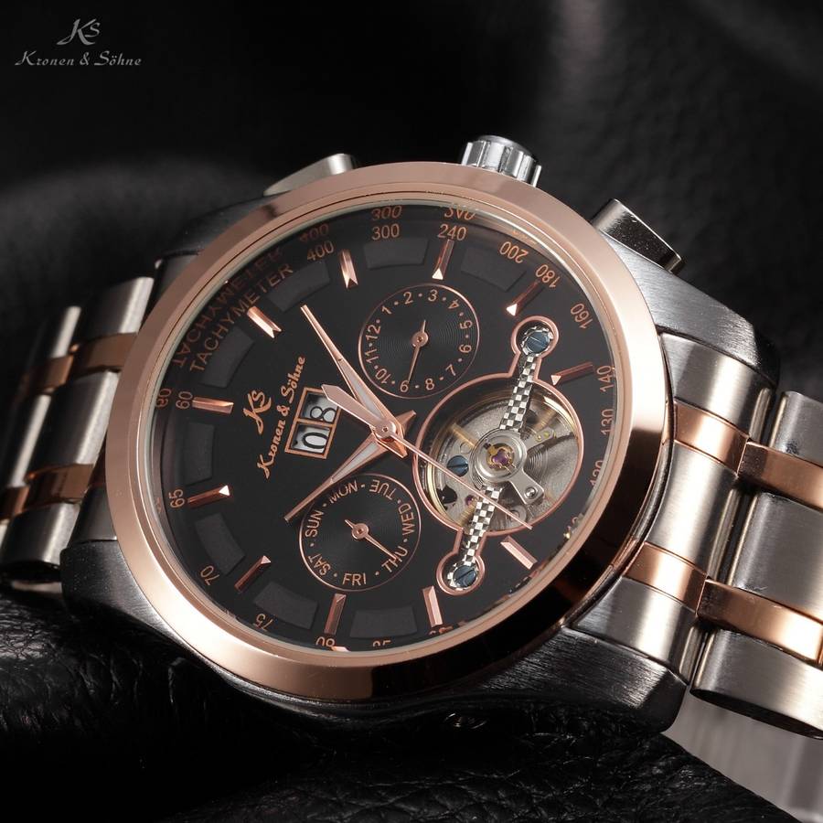 KRONEN & SOHNE Navigator JULES VERNE TOURBILLON Voyager AUTO Rose Gold pl Watch w/ BOX AND PAPERS
