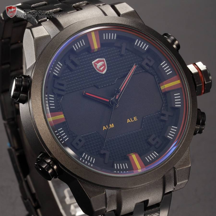 SHARK Sawback Angelshark BLACK ION Dual LED Stopwatch CHRONOGRAPH WATCH W/ BOX, PAPERS, LOADED!!