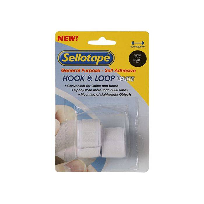 Sellotape White Hook & Loop Tape 20mm x 1m