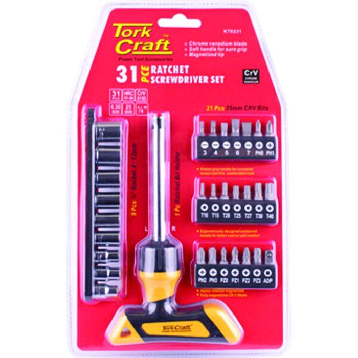 Tork Craft T-Handle Ratchet Screwdriver With Bits